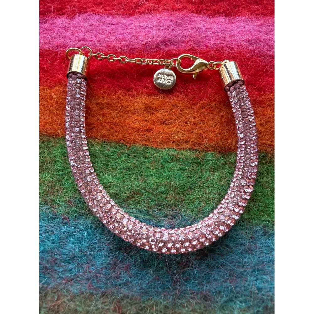 Madden NYC Pink Rhinestone Pave Tube Bracelet Gold Tone Adjustable Logo Charm